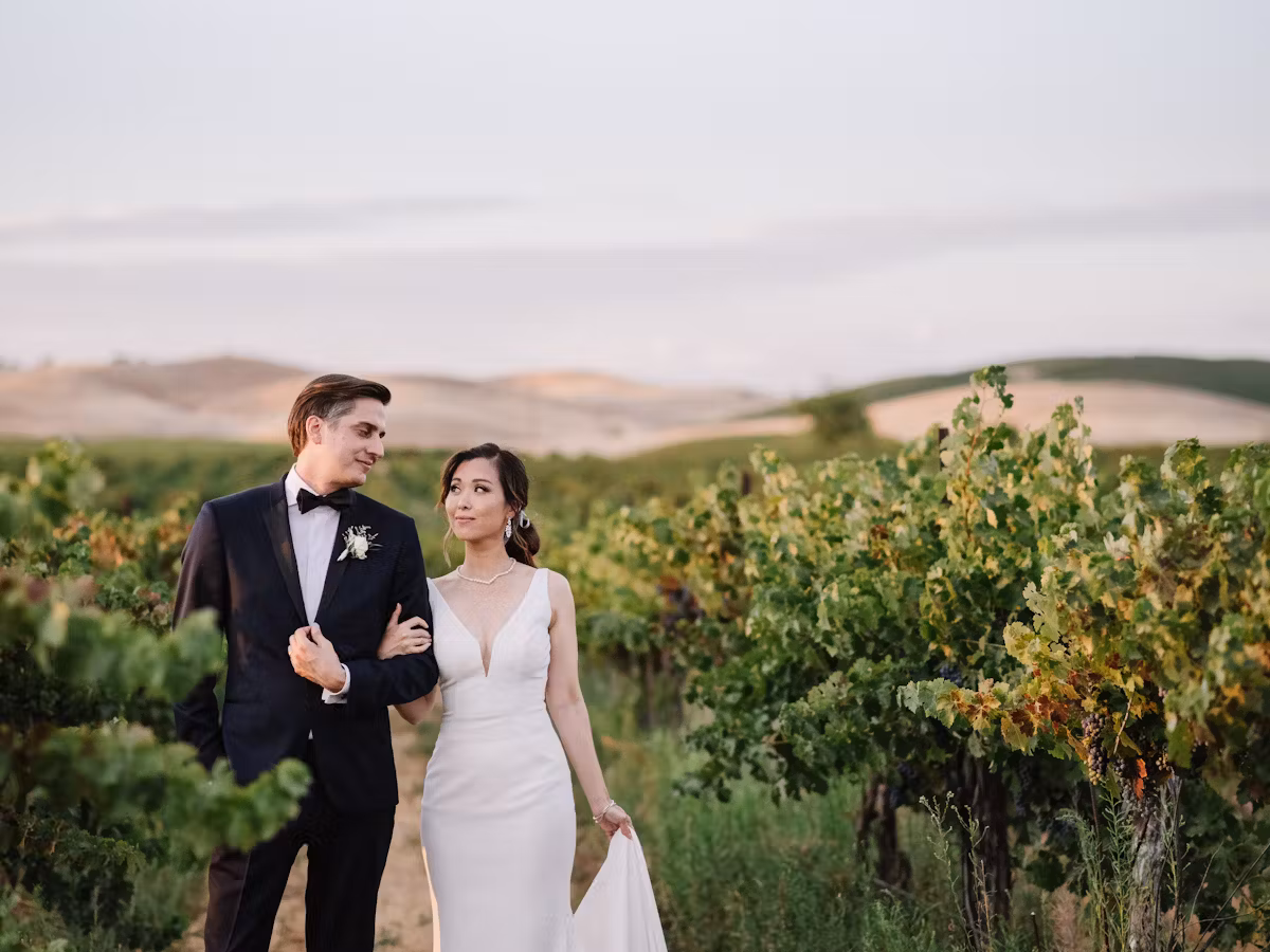 Bella Terra Vineyard Estate wedding with terracotta architecture at sunset