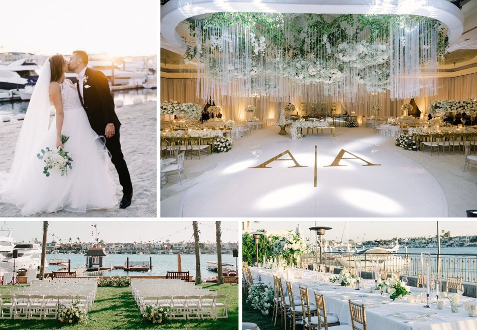 Southern California destination wedding in Newport Beach with harbor ceremony setup and luxury ballroom reception.