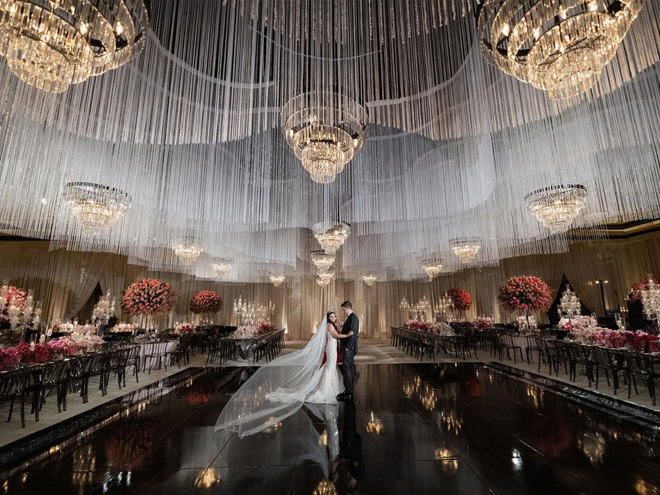 Southern California Luxury Ballroom Wedding with Crystal Chandeliers Luxury ballroom wedding with crystal chandeliers and black dance floor in Southern California