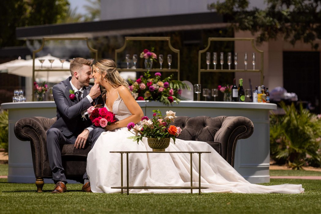 Editorial wedding portraits at Arizona Biltmore with architectural arcades