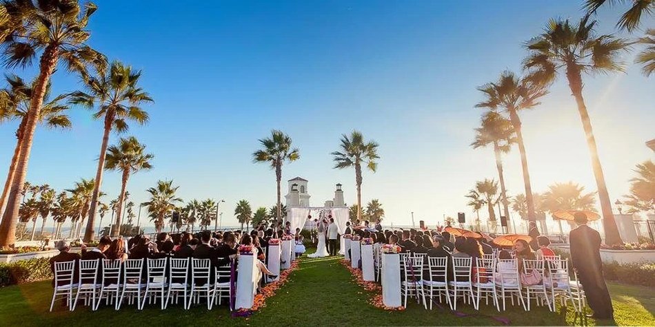 Palm-Lined Oceanfront Lawn Ceremony at Sunset Outdoor ceremony on a coastal lawn with white chairs, palm trees, and golden sunset light near the beach.