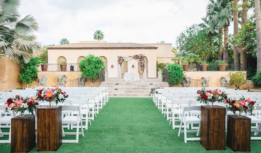 Royal Palms Resort wedding courtyard at sunset with romantic light