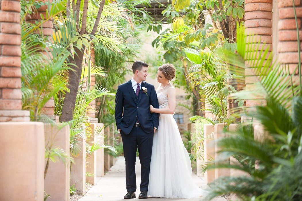 Detail photo of floral arrangements and tablescape at Royal Palms wedding