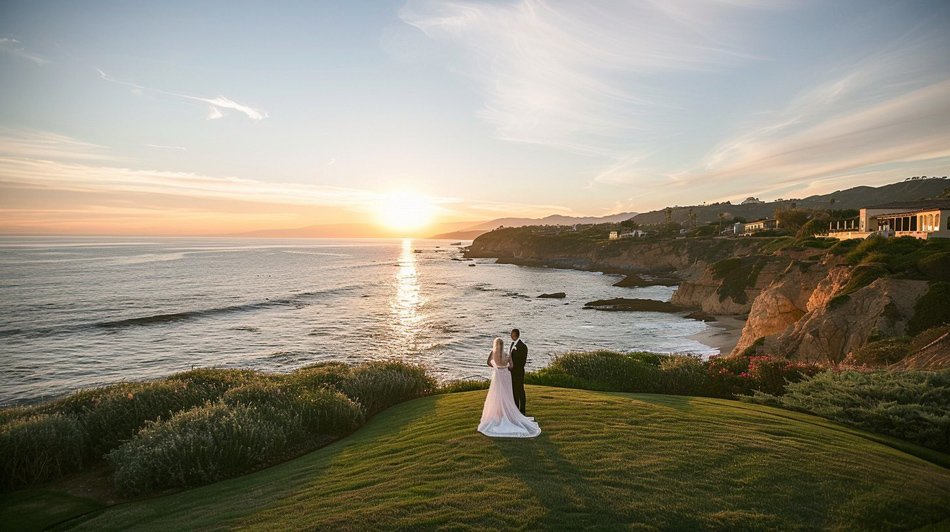 La Jolla Cliffside Wedding Portrait at Golden Hour Bride and groom on a La Jolla cliffside lawn overlooking the Pacific at sunset.