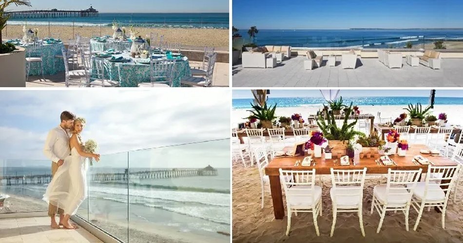 San Diego Beach Wedding Venues — Pier, Patio & Sand-Level Dining Montage of San Diego coastal venues including pier overlook, patio lounges, and reception on the sand.