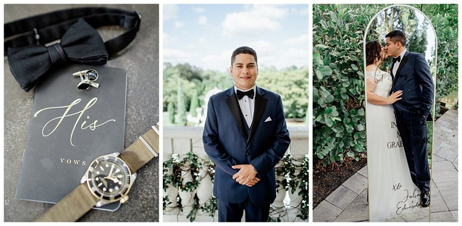 Southern California wedding groom details and portraits—black bow tie, tuxedo, and romantic mirror kiss.