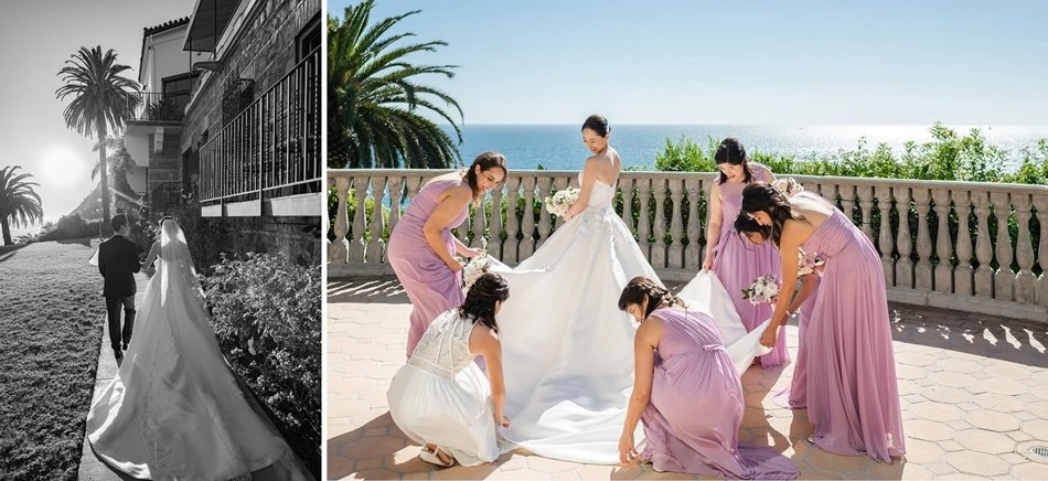 Ocean-View Terrace Bridal Portraits in Southern California Bride and bridesmaids on ocean-view terrace at an elegant Southern California estate