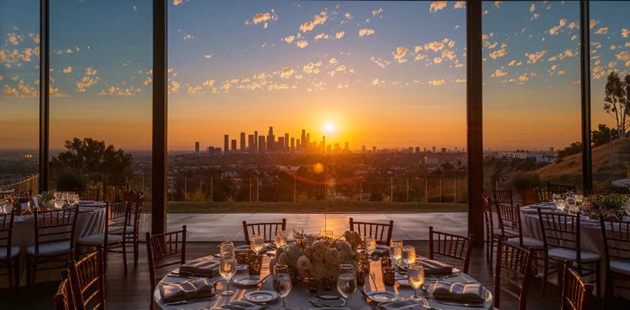 Sunset Reception with Skyline View of Downtown Los Angeles Elegant reception tables at sunset overlooking the Los Angeles skyline.