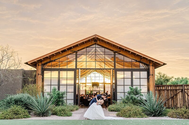 The Paseo wedding ceremony with Superstition Mountains at sunset
