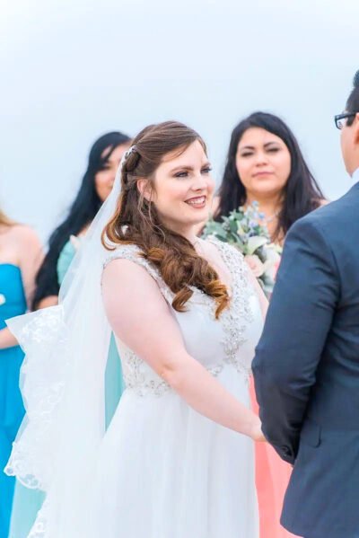 Foggy first look moment captured by Southern California wedding photographer