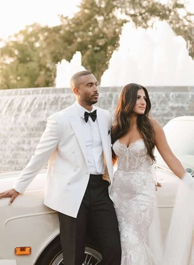 Classic wedding portraits by fountain and vintage car — city venue — Lovelee Photography